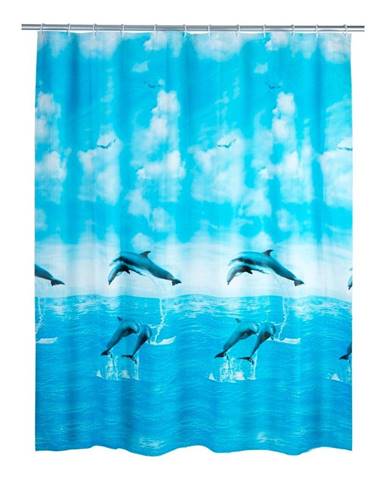 Modrý sprchový záves Wenko Dolphin, 180 × 200 cm