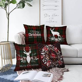 Minimalist Cushion Covers Súprava 4 vianočných žinylkových obliečok na vankúš  Tartan Merry Christmas, 55 x 55 cm, značky Minimalist Cushion Covers