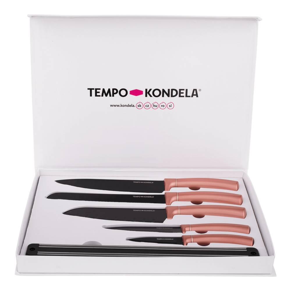 Kondela TEMPO-KONDELA-LONAN sada nožov s magnetickým držiakom 6 ks rose gold, značky Kondela