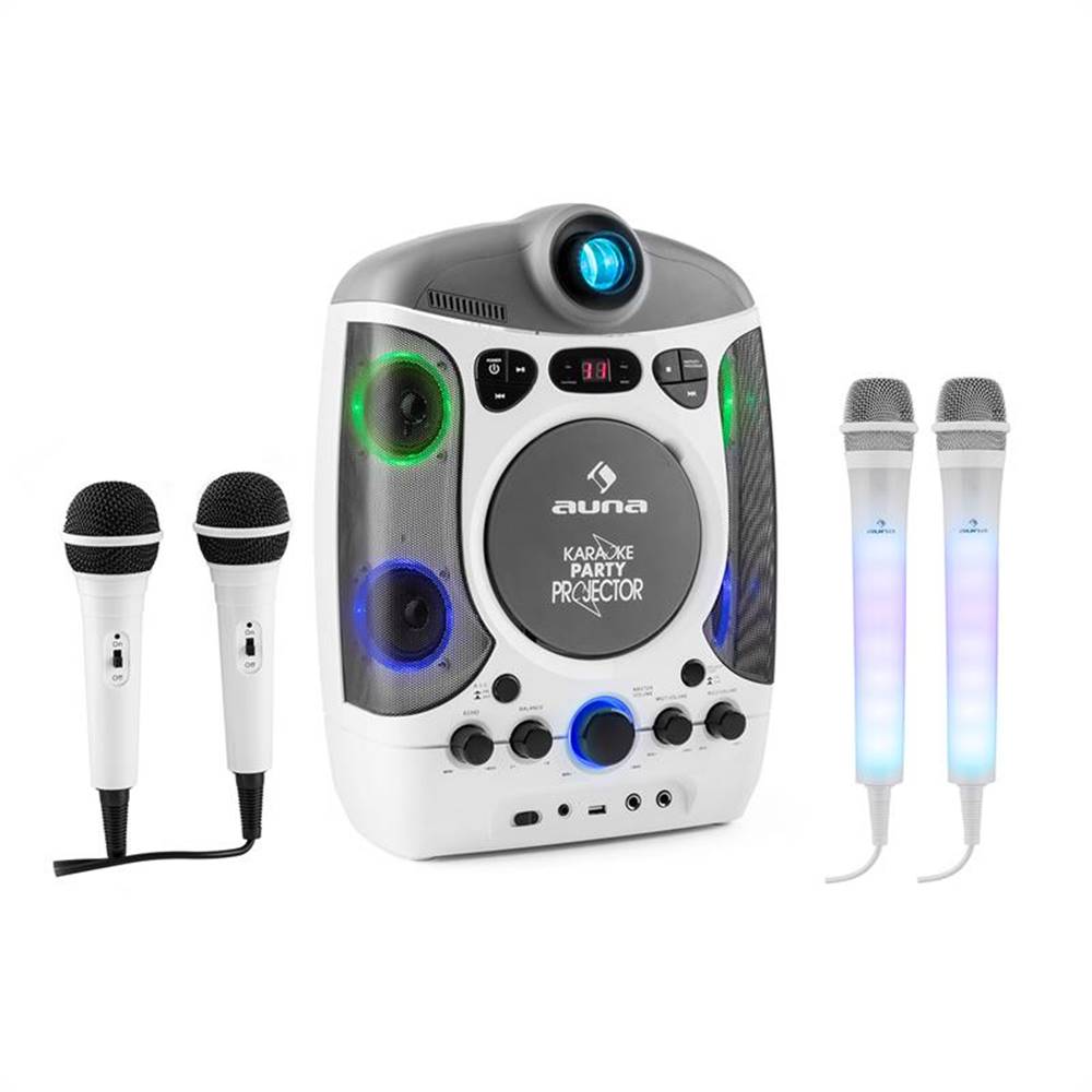 Auna  Set: karaoke systém Kara Projectura, biely + dva mikrofóny Kara Dazzl, LED podsvietenie, značky Auna
