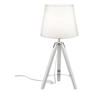 Biela stolová lampa z prírodného dreva a tkaniny Trio Tripod, výška 57,5 cm