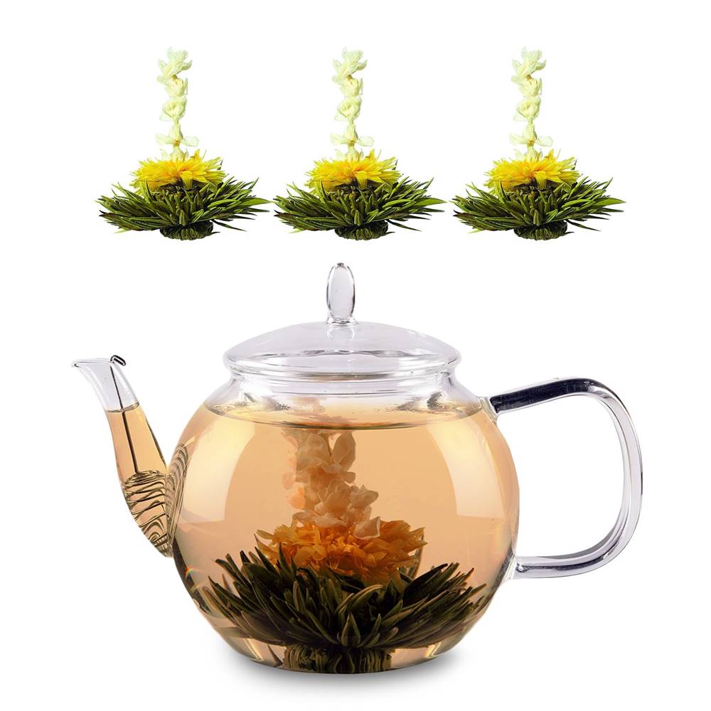 Feelino  Sklenená kanvica, 800 ml, borosilikátové sklo, s uzáverom, čajové sitko a čajové kvety, značky Feelino