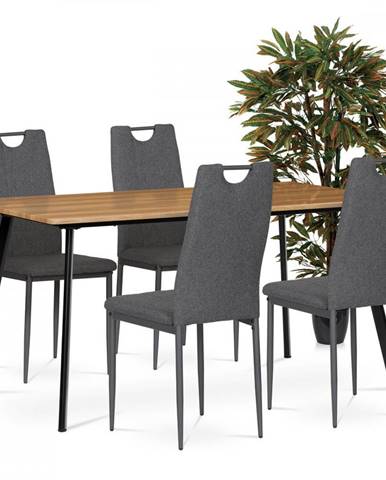 AUTRONIC VENUS GREY Jedálenský set 1+4, stôl 150x80 cm, MDF. dekor medový dub, kov - čierny lak, stoličky poťah sivá látka, kov - antracitov
