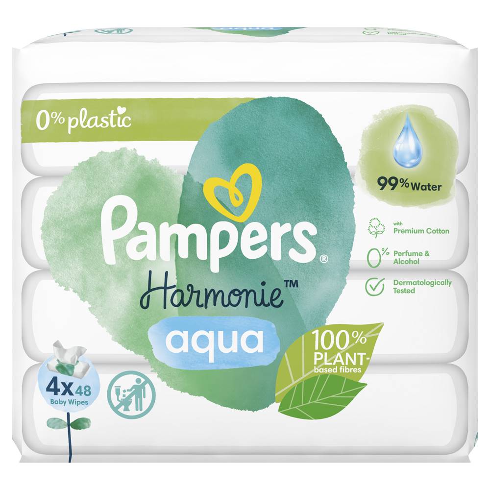 PAMPERS  Harmonie Aqua vlhčené obrúsky Plastic Free 4x48 ks = 192 ks, značky PAMPERS
