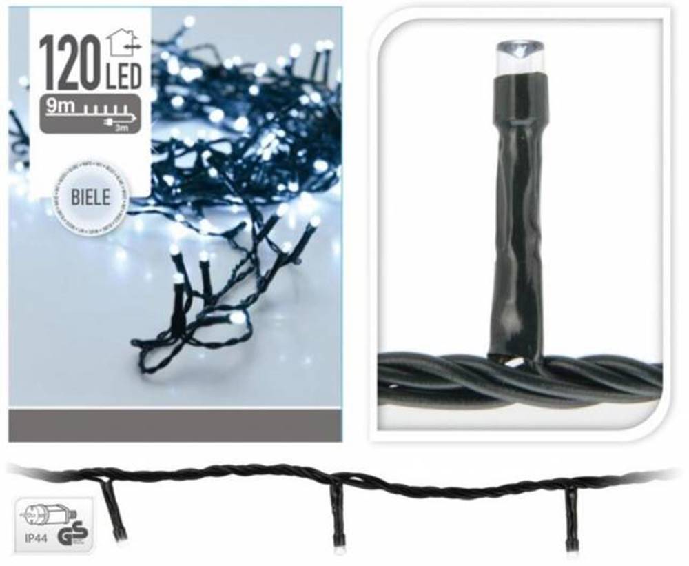 Kinekus Vianočné svetlo 120 LED, studené biele, 9 m+3m, vonkajšie/vnútorné, značky Kinekus