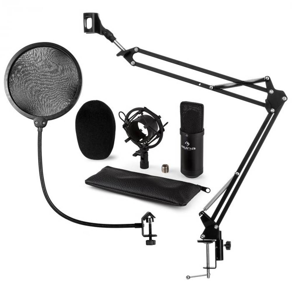Auna  CM001B mikrofónová sada V4, čierna, kondenzátorový mikrofón, mikrofónové rameno, pop filter, značky Auna