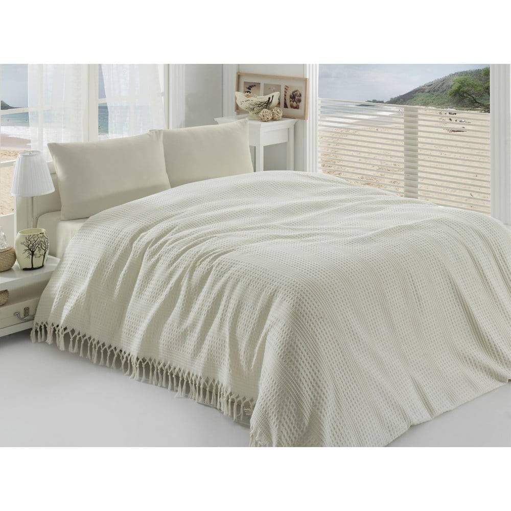 Şaheser Krémovobiely ľahký bavlnený pléd cez posteľ na dvojlôžko Pique, 220 × 240 cm, značky Şaheser